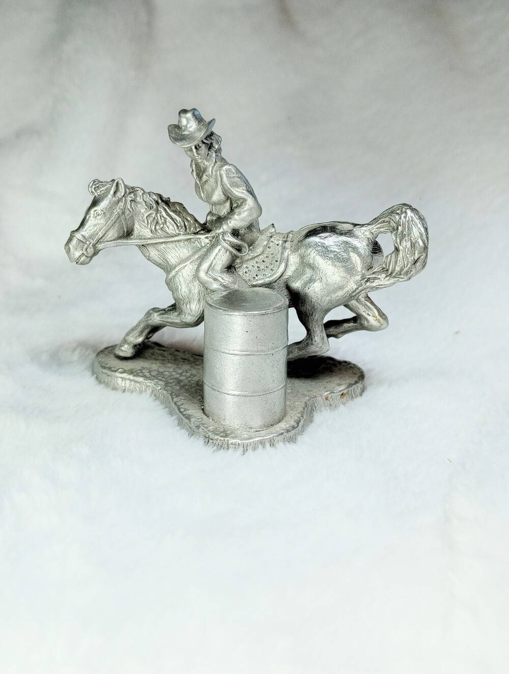 Masterworks Fine Pewter 1992 Cowgirl Riding Horse Figurine Barrel Racing Western